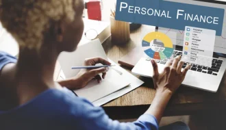 Woman working on laptop with Personal finance