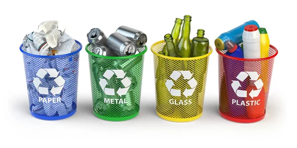 Colored trash bins for recycle paper, plastic, glass and metal