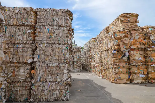 Bales of cardboard and box board with strapping wire ties before shredding at recycling plant