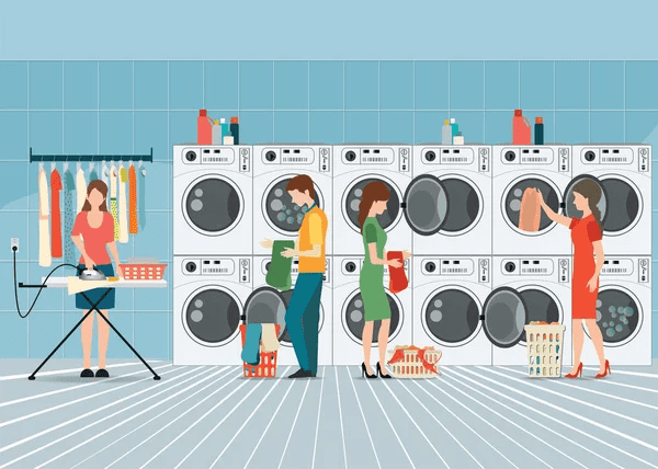 People in laundry room with row of industrial washing machines and facilities for washing clothes