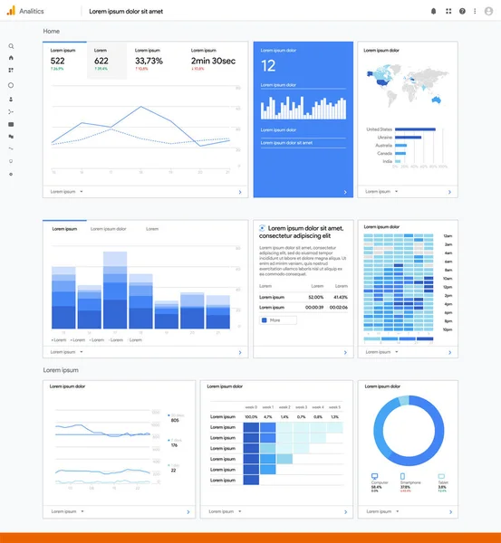 Google analytics infographic chart. Traffic statistic on website. World map audience. Marketing work flow and template. Ads analysis mock up.